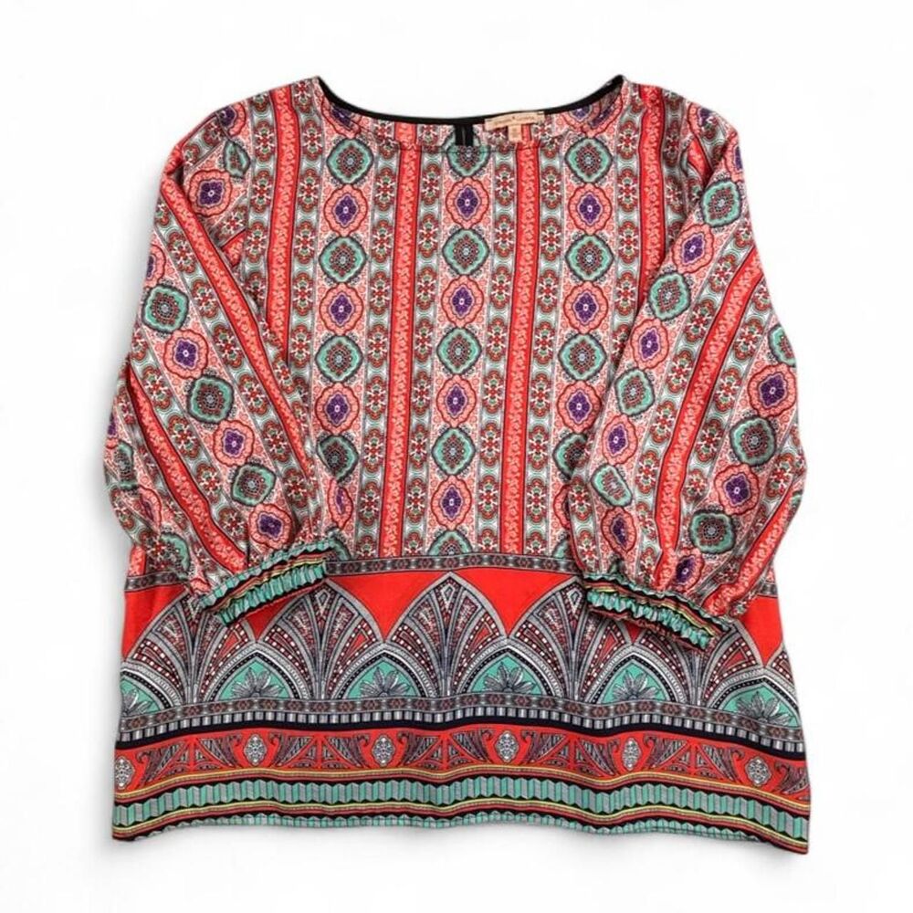 Gibson Latimer Boho Geometric Blouse Women’s XL Red Teal Paisley Made in USA